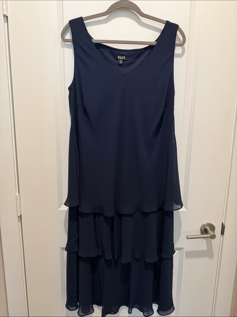 SLNY Navy Sleeveless Tiered Chiffon Midi Dress